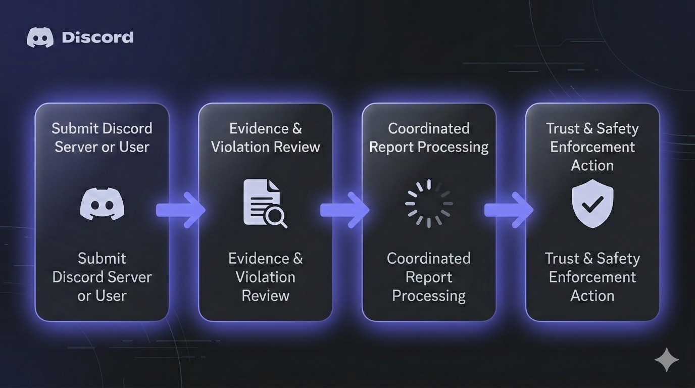 Discord mass report workflow showing evidence collection and multi-channel report submission process
