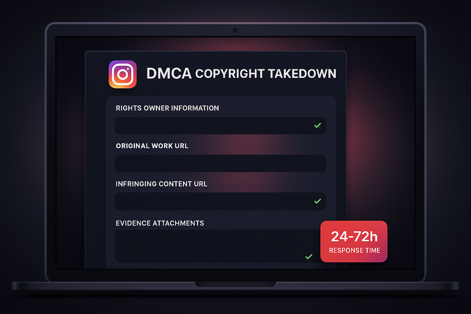 DMCA takedown notice template for Instagram copyright violations showing required fields and filing process