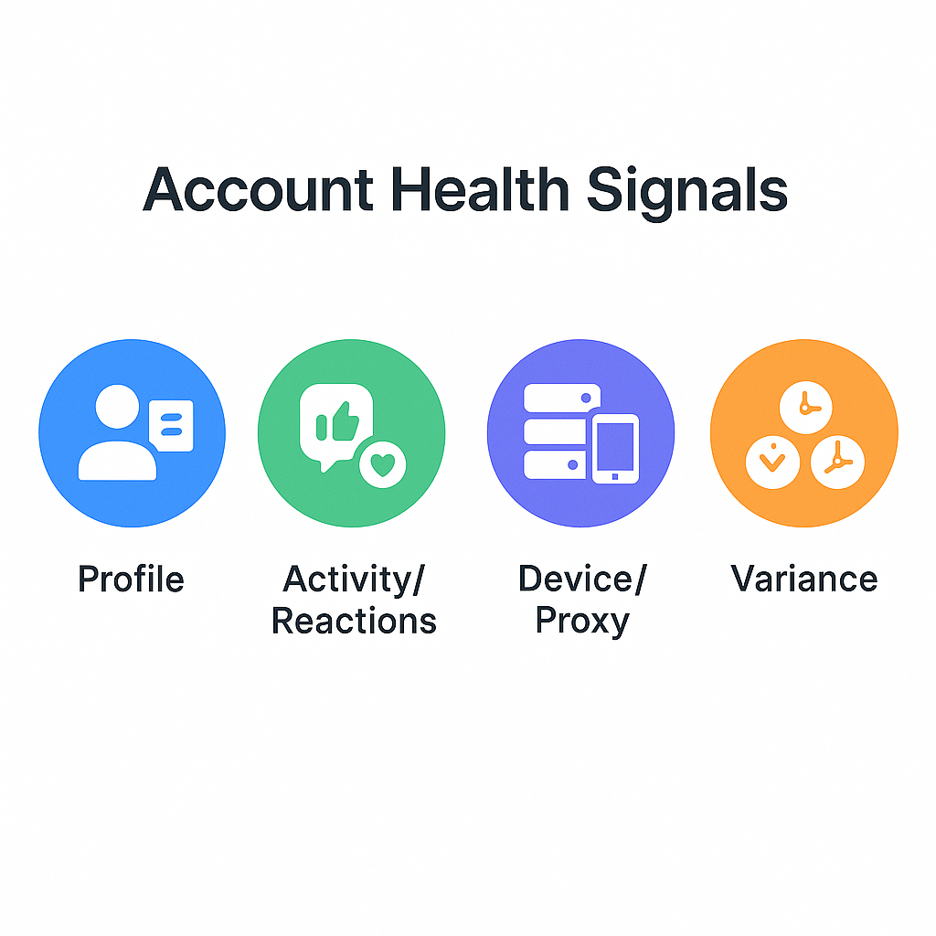 Telegram account health signal indicators showing trust score factors for PVA and aged accounts