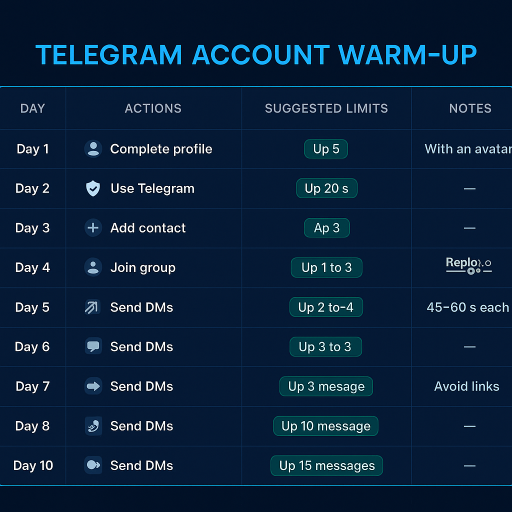 7-day Telegram account warm-up calendar showing daily activity targets and escalation schedule