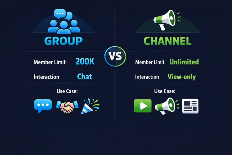 Comparison diagram showing differences between Telegram group and channel member adding methods