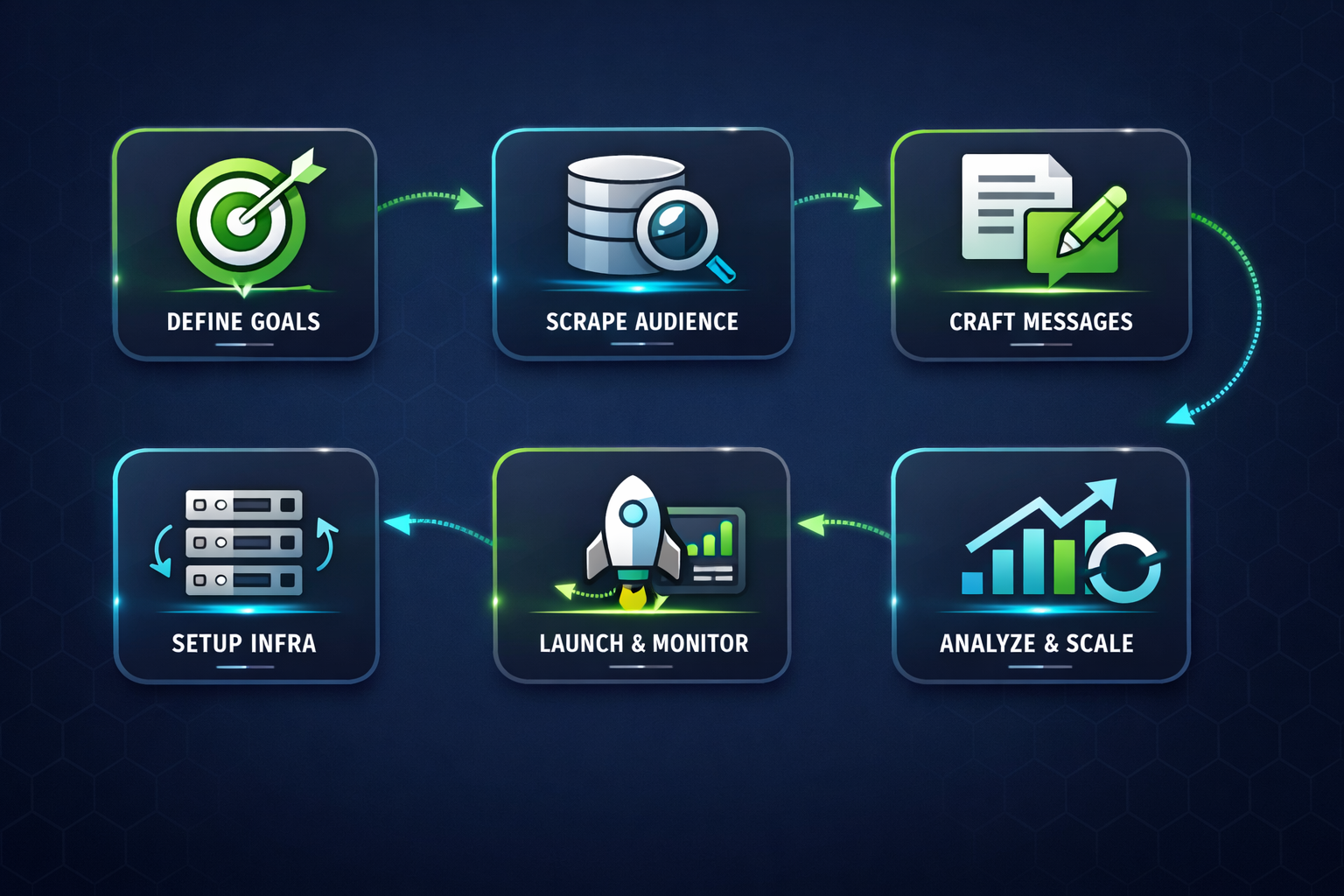 Telegram bulk messaging workflow showing scraping, filtering, sending, and analytics stages