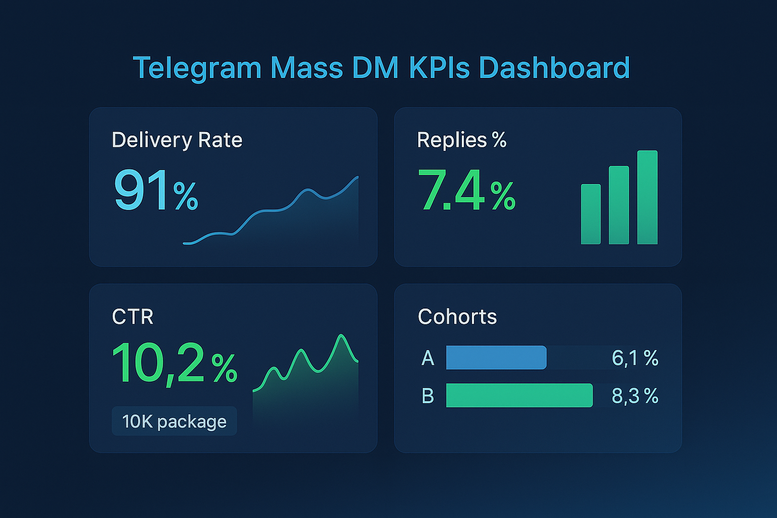 Professional telegram bulk messaging campaign KPI dashboard showing delivery, reply, and conversion metrics