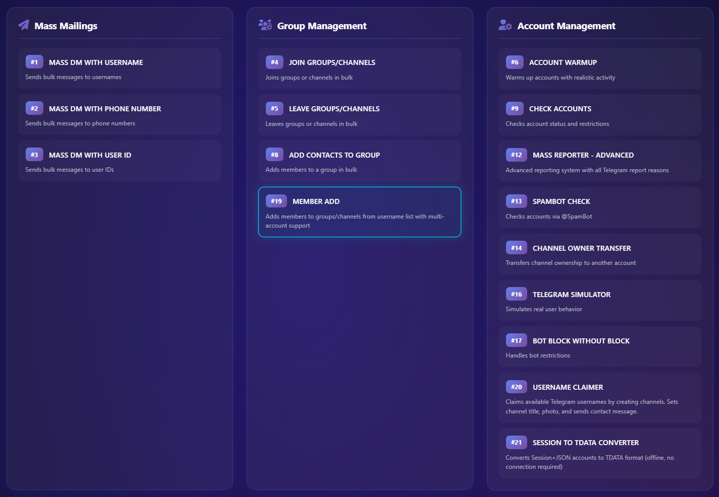 Professional telegram member add bot features dashboard with 43 integrated tools