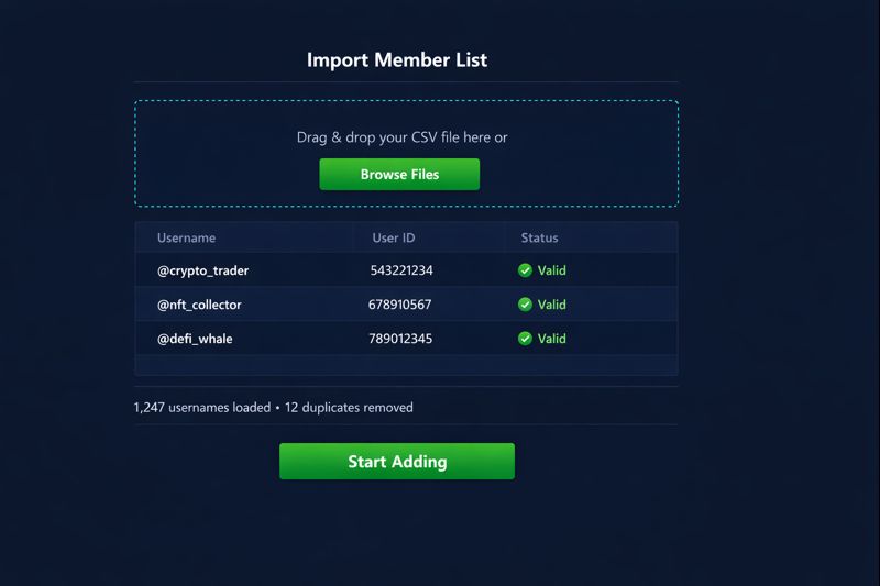 CSV import interface showing filtered member list ready for telegram group member adder operations