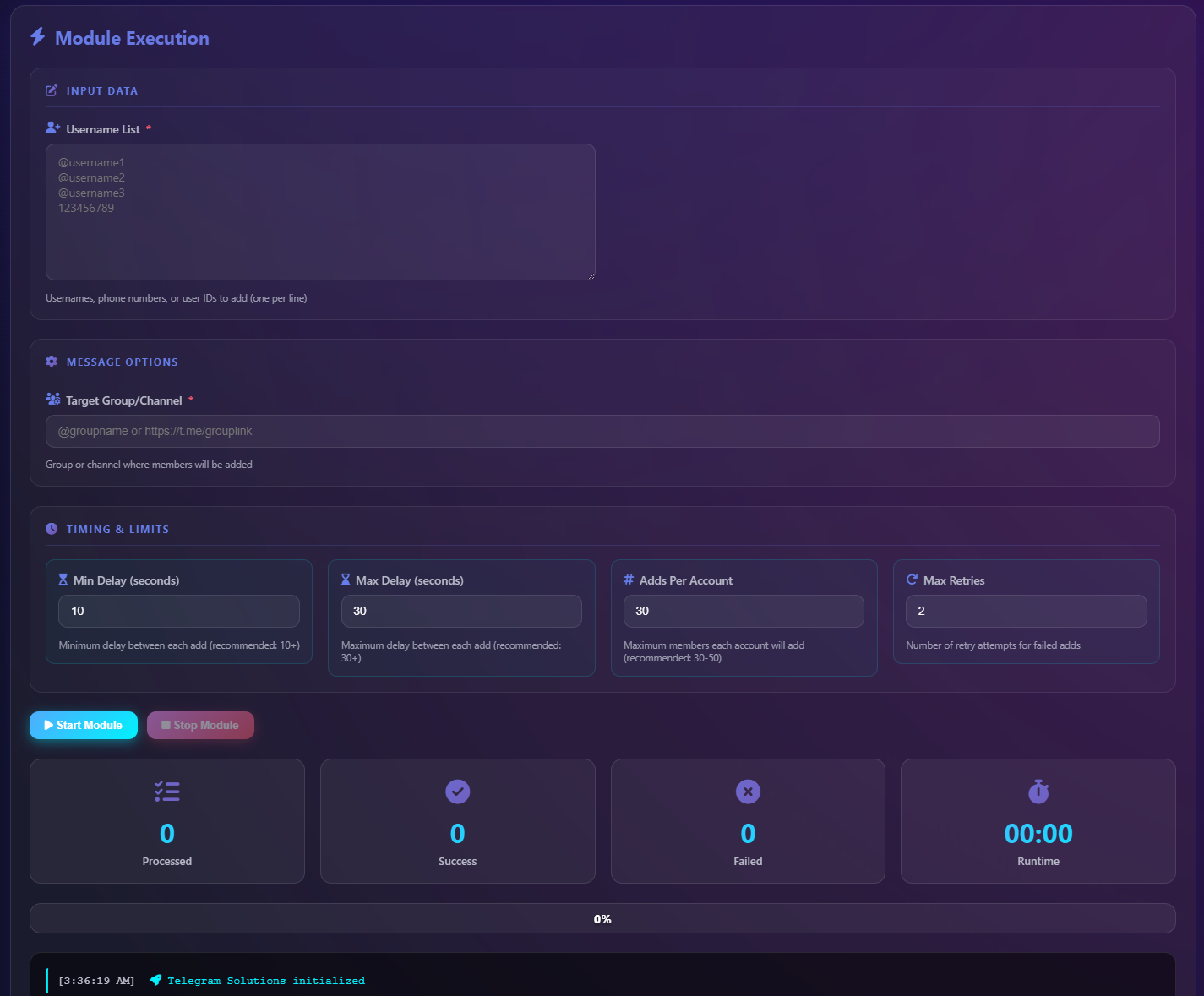 Telegram member adder software dashboard with account management and campaign settings