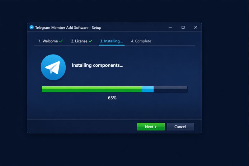 Telegram member adder software installation wizard on Windows showing setup progress