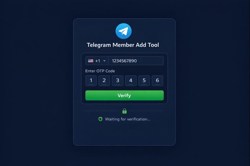 Telegram member add tool authentication screen showing phone number and OTP verification