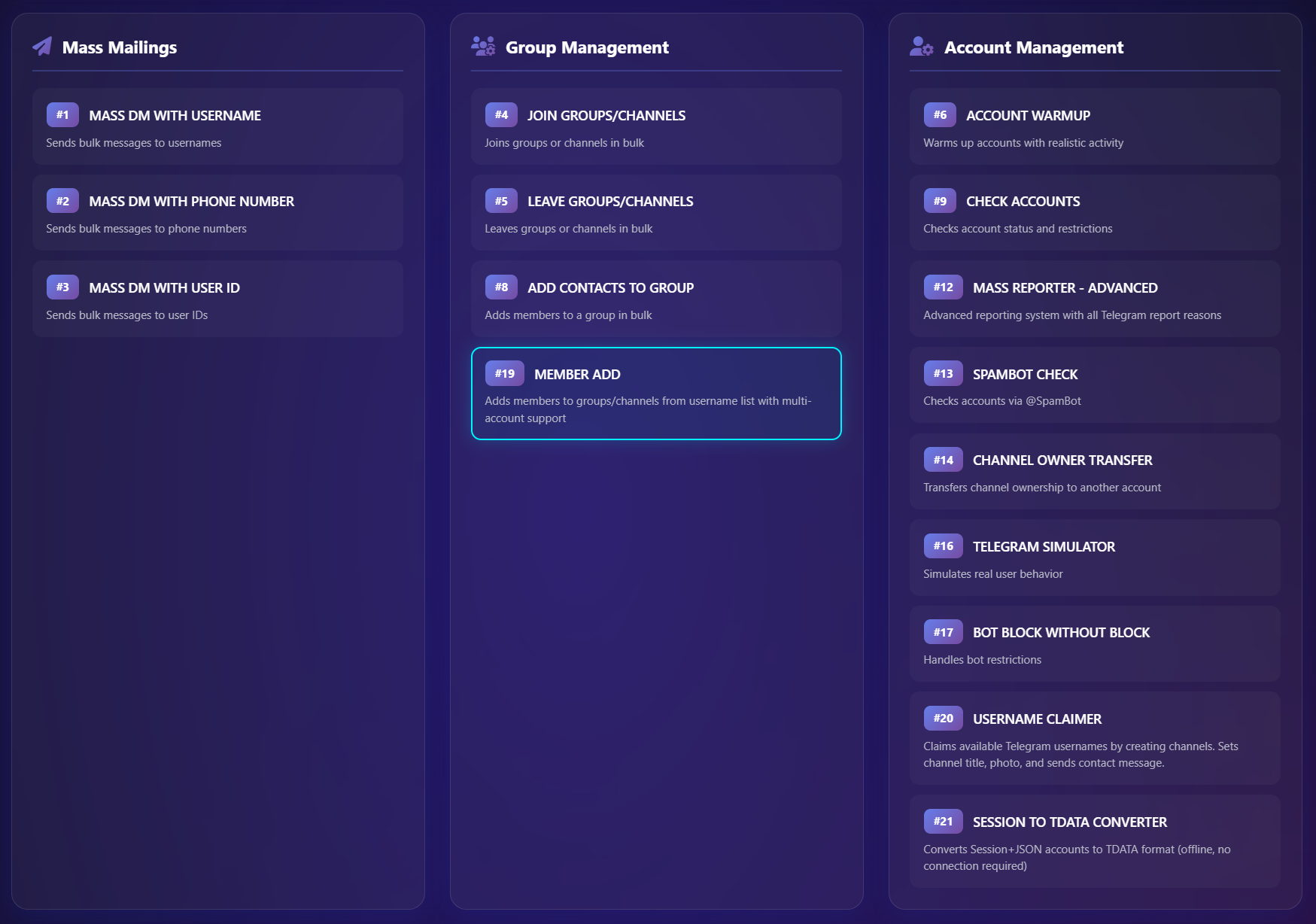 Professional telegram member adder software dashboard showing real-time adding statistics and account health