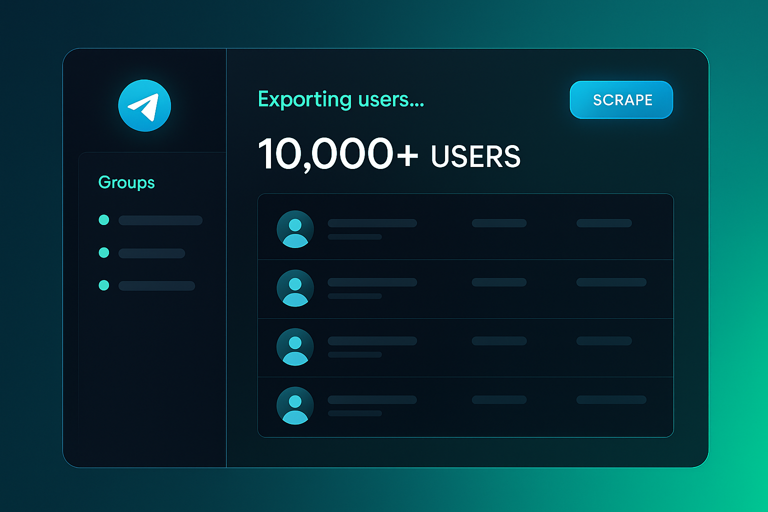 Removal.buzz managed Telegram scraping service dashboard showing extraction pipeline and filtered data delivery