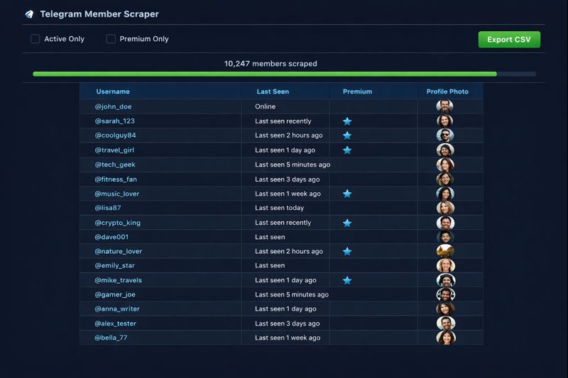 Filtered Telegram scraper output showing clean member data with activity status, premium indicators, and profile verification