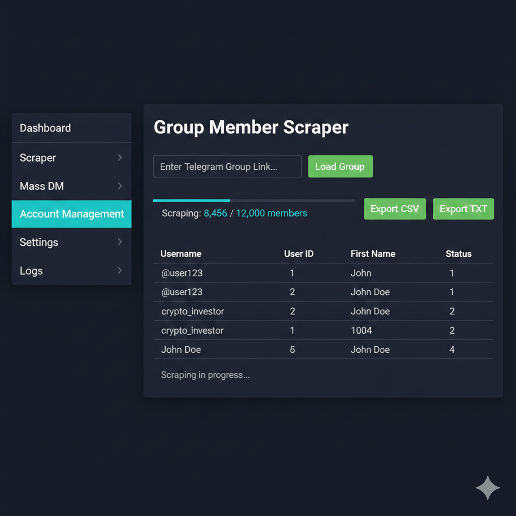 Telegram scraper software dashboard comparing extraction features across premium and free scraper tools