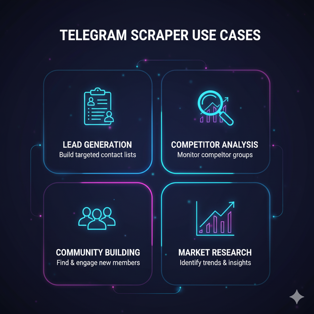Telethon Telegram scraper use cases including lead generation, competitor analysis, and community research workflows