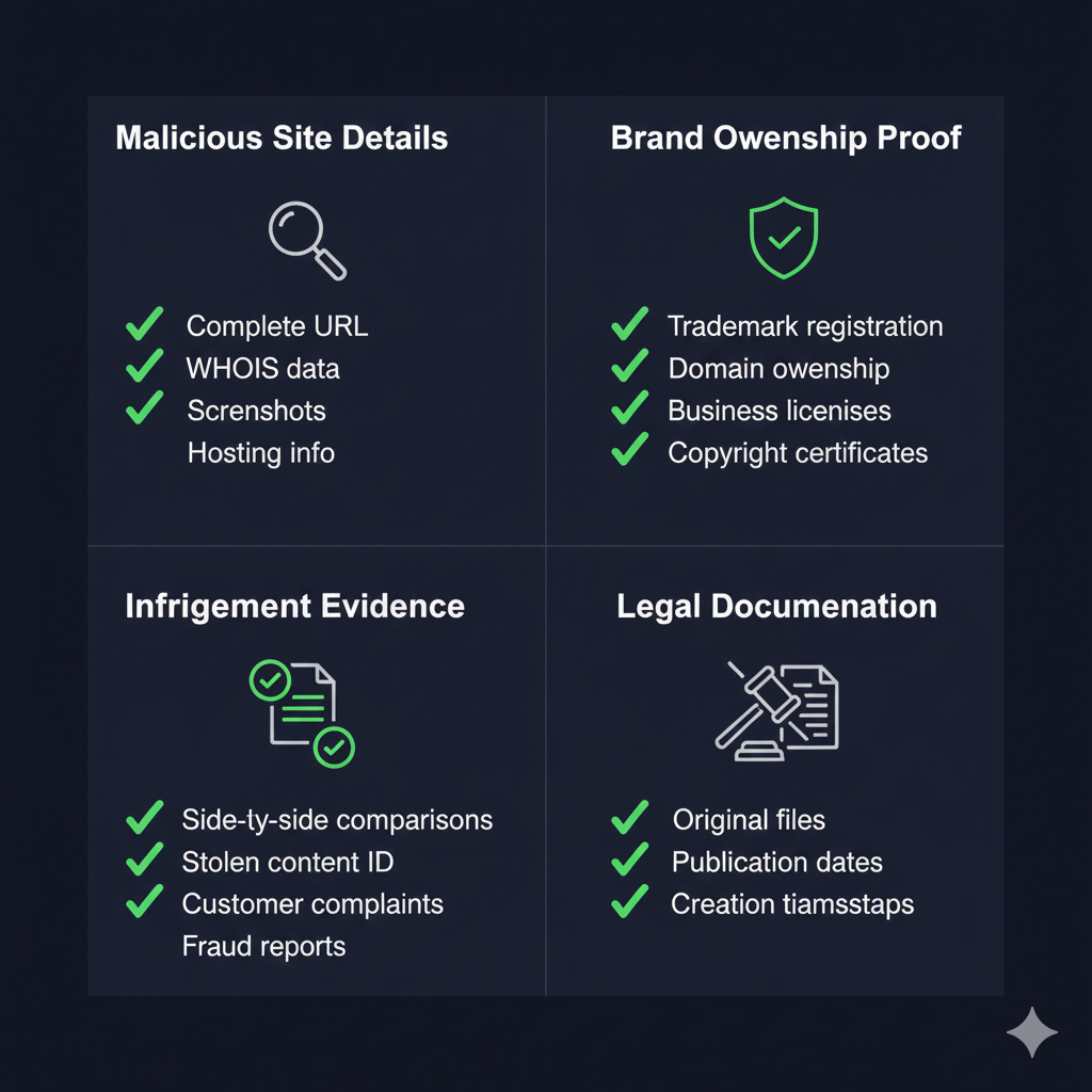 Website takedown evidence checklist showing URL, screenshots, WHOIS, HTTP headers, and chain of custody requirements