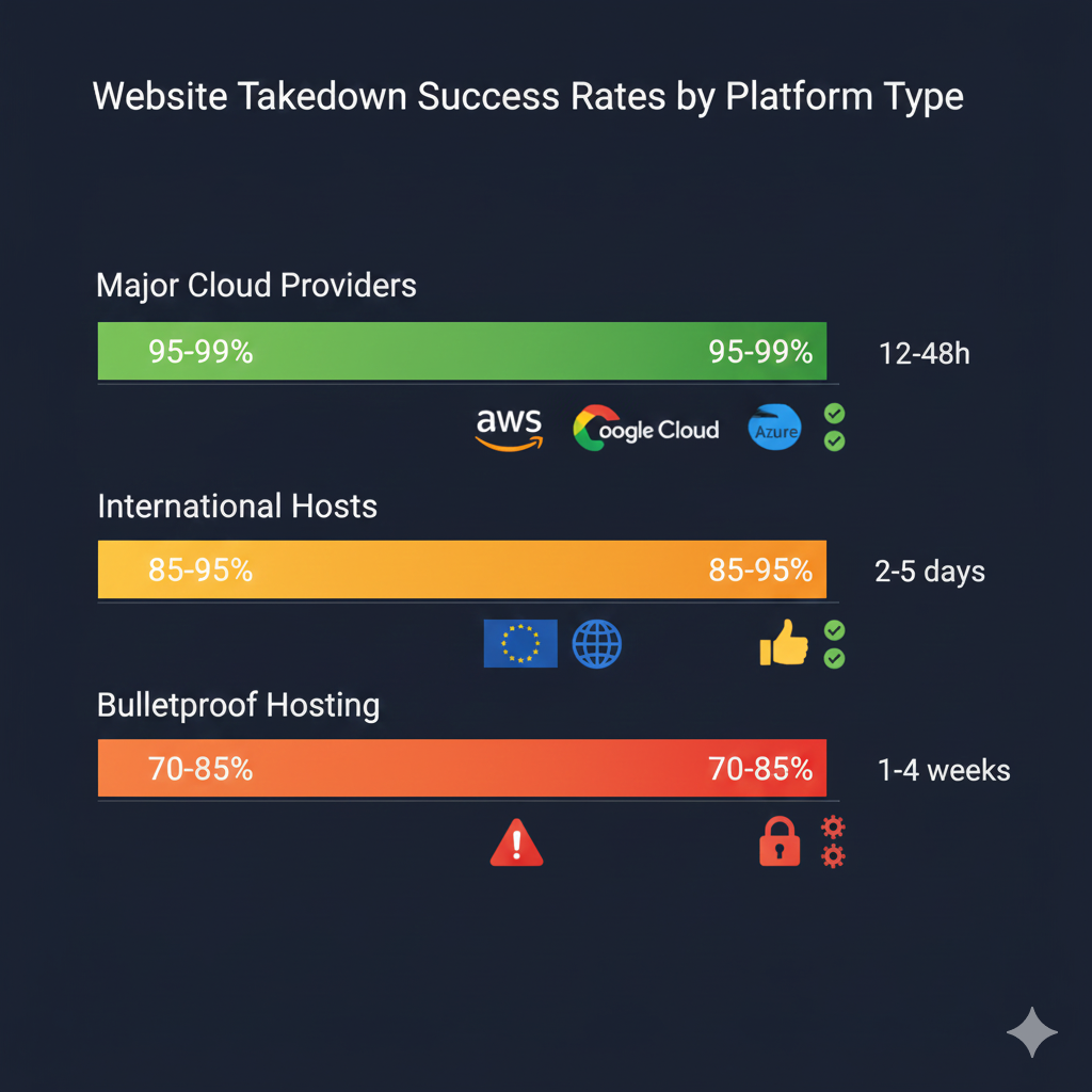 Website takedown success rates by provider — Netcraft, Bolster, PhishFort, Check Point, and Removal.buzz benchmarks